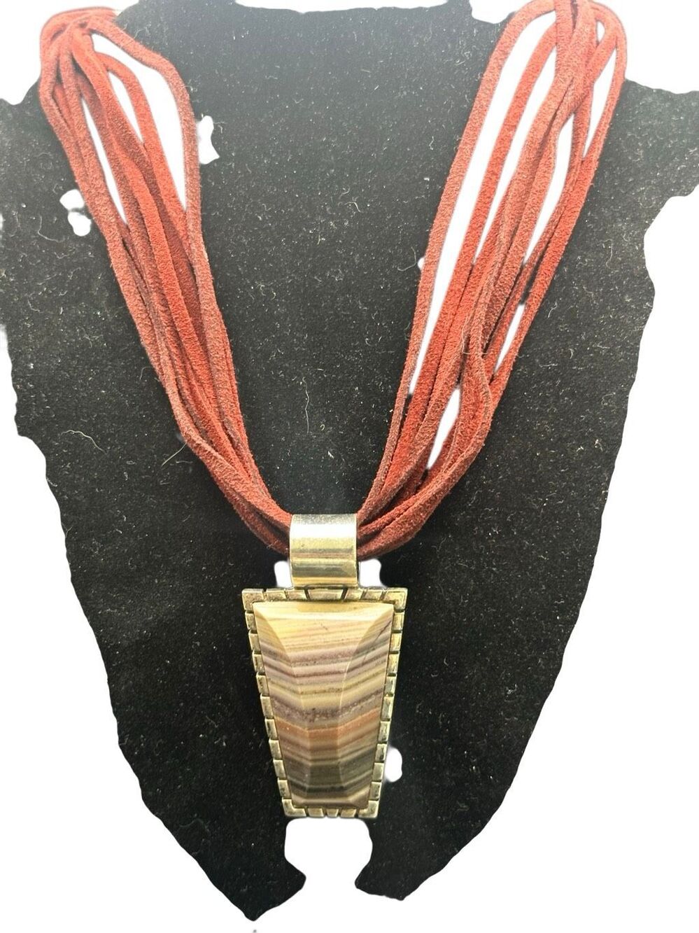 Sterling Silver Southwestern Statement Necklace Banded Agate Multi-Strand Suede